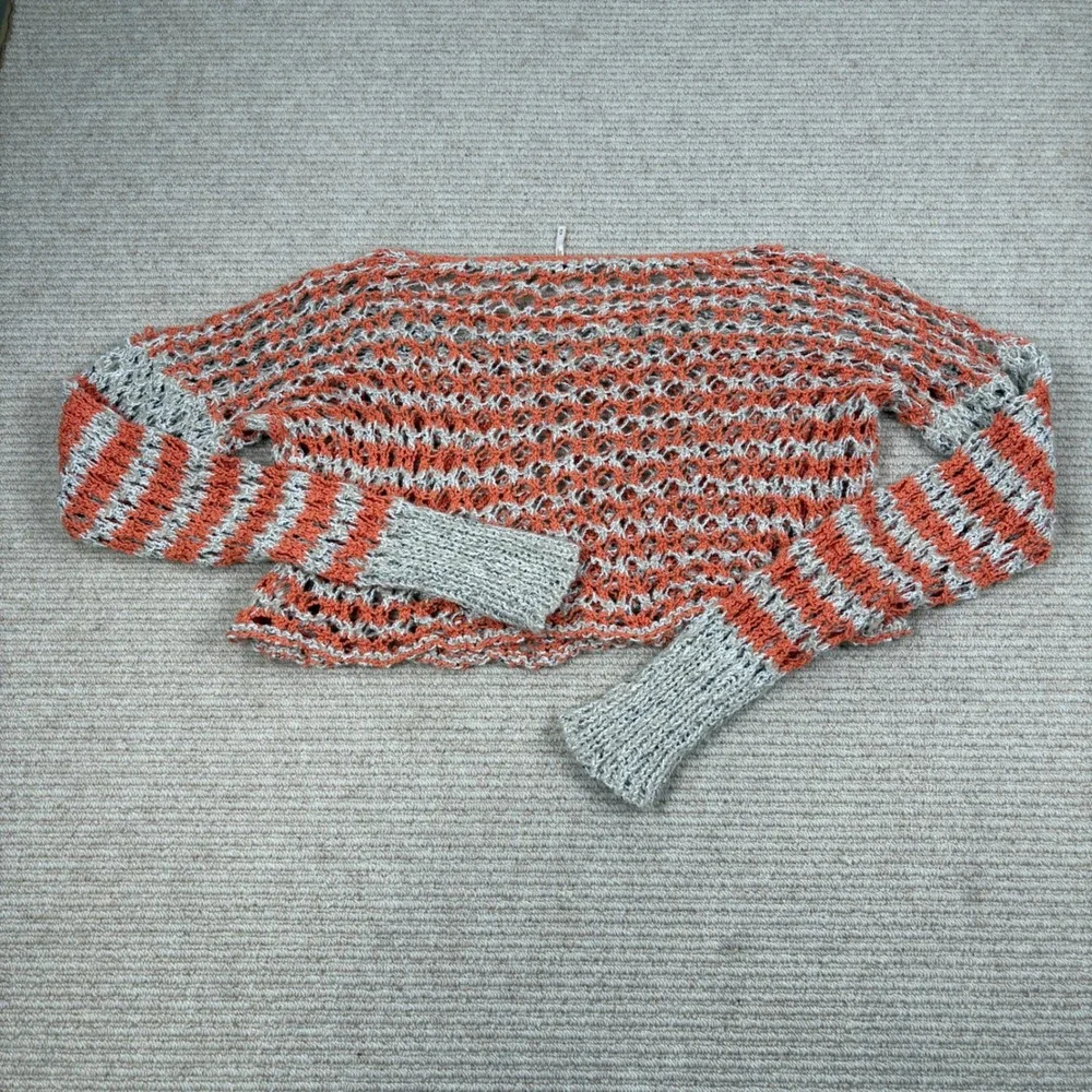 Free People Cropped Sweater Womens M Crochet Open Knit Orange Gray Striped Boho